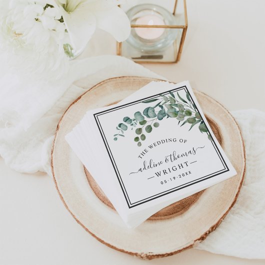 Serviette En Papier Élégant Eucalyptus Mariage Monogramme