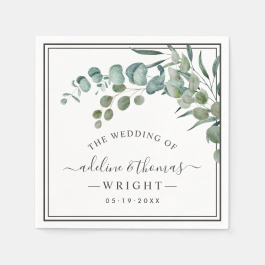 Serviette En Papier Élégant Eucalyptus Mariage Monogramme (Devant)