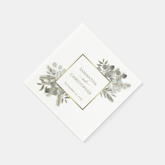 Serviette En Papier Elégant Eucalyptus & Pine Gold & Sage Mariage (Coin)