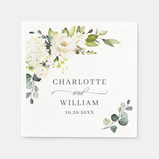 Serviette En Papier Elégant Eucalyptus Roses Blanches Mariage Floral (Devant)