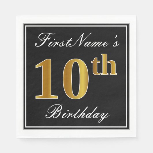 Serviette En Papier Elégant, Faux Gold 10e anniversaire + Nom personna (Devant)