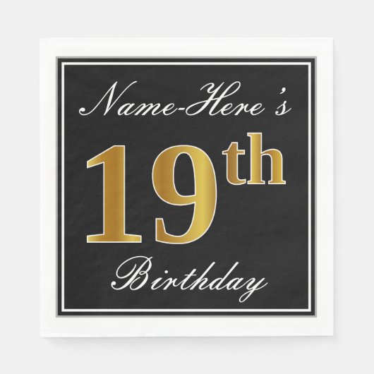 Serviette En Papier Elégant, Faux Gold 19e anniversaire + Nom personna (Devant)