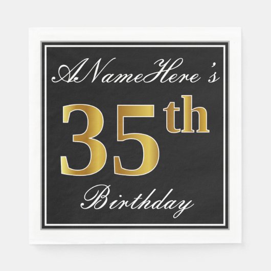 Serviette En Papier Elégant, Faux Gold 35e anniversaire + Nom personna (Devant)