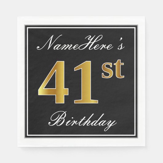 Serviette En Papier Elégant, Faux Gold 41ème Anniversaire + Nom person (Devant)