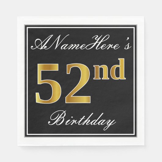 Serviette En Papier Elégant, Faux Gold 52e anniversaire + Nom personna (Devant)
