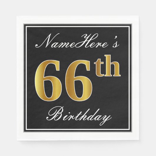 Serviette En Papier Elégant, Faux Gold 66e anniversaire + Nom personna (Devant)