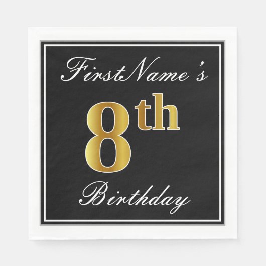 Serviette En Papier Elégant, Faux Gold 8e anniversaire + Nom personnal (Devant)