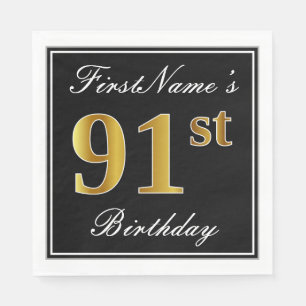 Serviette En Papier Elégant, Faux Gold 91ème Anniversaire + Nom person