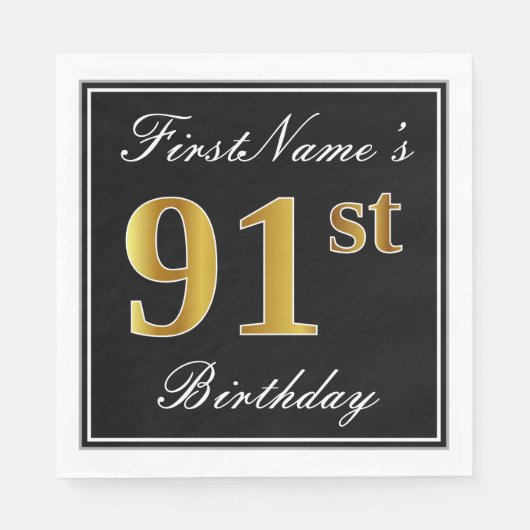 Serviette En Papier Elégant, Faux Gold 91ème Anniversaire + Nom person (Devant)
