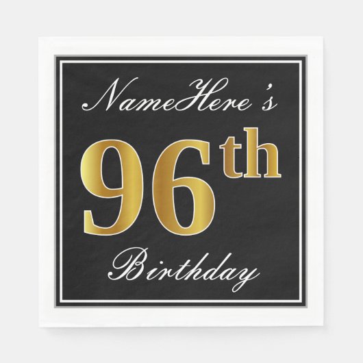 Serviette En Papier Elégant, Faux Gold 96e anniversaire + Nom personna (Devant)