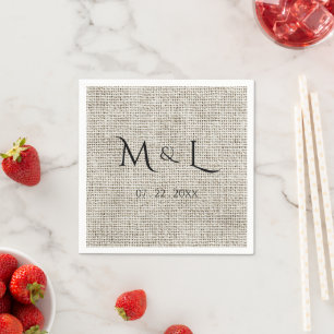 Serviette En Papier Élégant Faux Lin Noir Monogramme Date Mariage