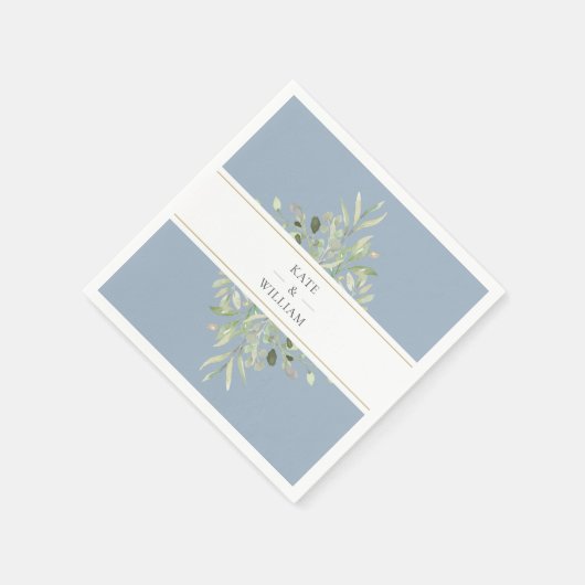 Serviette En Papier Élégant feuillage bleu Dusty Mariage (Coin)