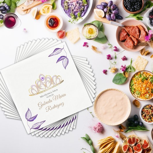 Serviette En Papier Élégant feuillage pourpre et Tiara Quinceañera