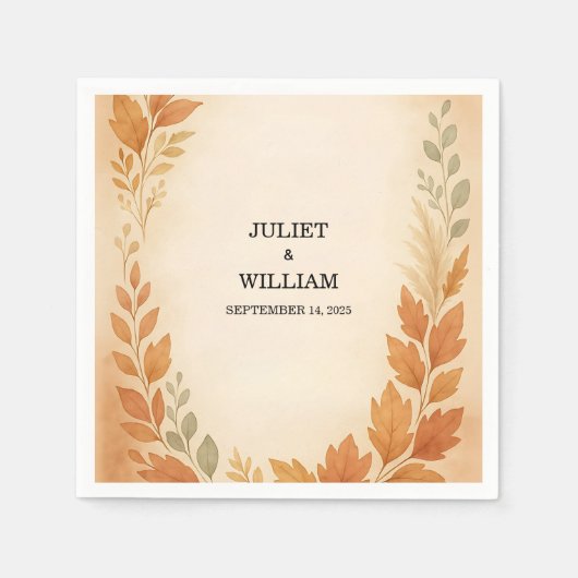 Serviette En Papier Élégant Feuille & Pampas Grass Mariage de automne  (Devant)