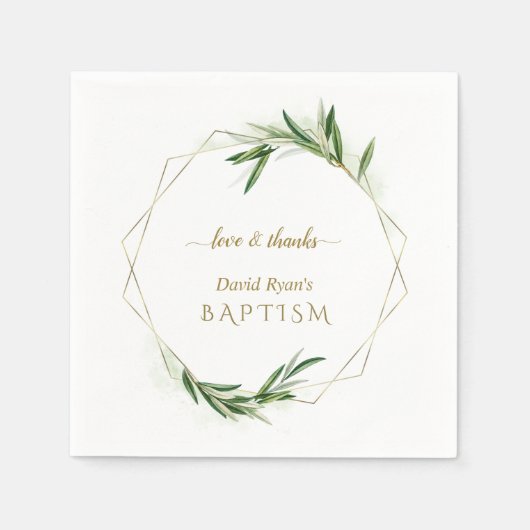 Serviette En Papier Élégant Feuilles d'Olivier Gold Boy Baptême (Devant)
