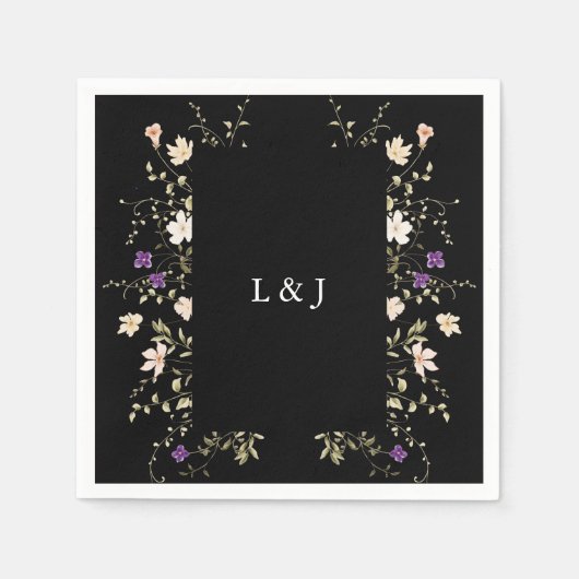 Serviette En Papier Élégant Fleur sauvage noir Mariage floral Napkin (Devant)