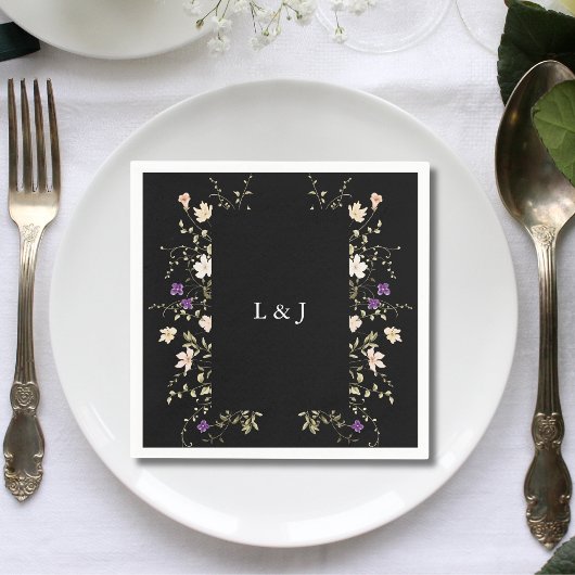 Serviette En Papier Élégant Fleur sauvage noir Mariage floral Napkin
