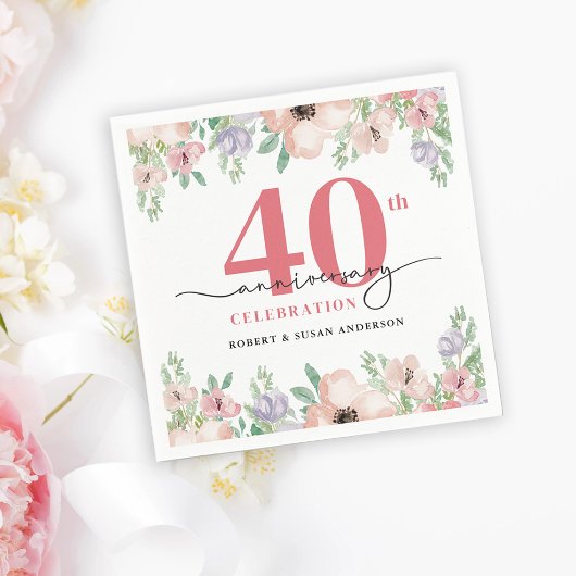 Serviette En Papier Elegant Floral 40th Wedding Anniversary