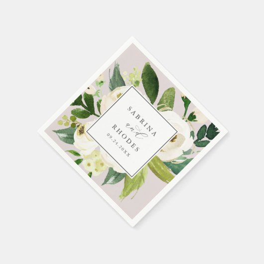 Serviette En Papier Élégant floral blanc | Blush Mauve Mariage (Coin)
