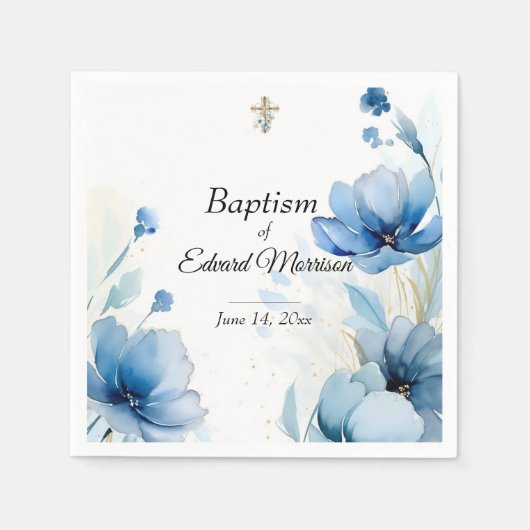 Serviette En Papier Élégant floral Dusty Baptême bleu (Devant)