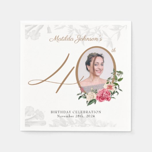 Serviette En Papier Elégant Floral Gold Custom Photo 40e anniversaire (Devant)