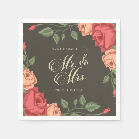 Serviette En Papier Élégant floral M & Mme Mariage | Serviette en papi (Devant)