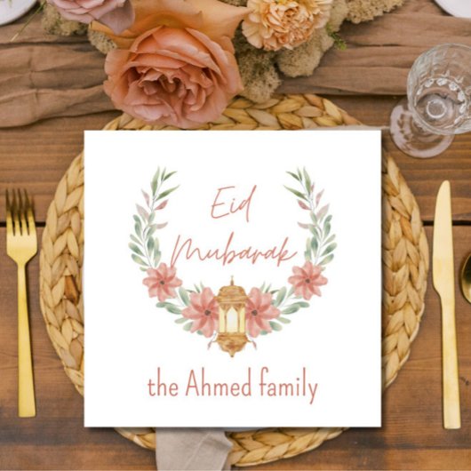 Serviette En Papier Elégant Floral moderne Aïd Moubarak Nom rose blanc