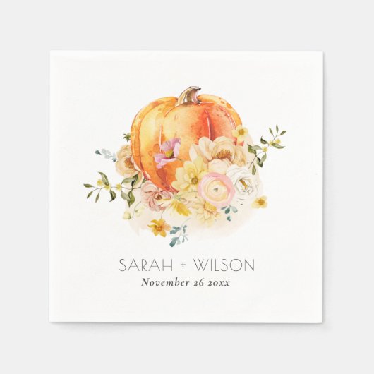 Serviette En Papier Élégant Floral Orange Automne Citrouille Mariage (Devant)