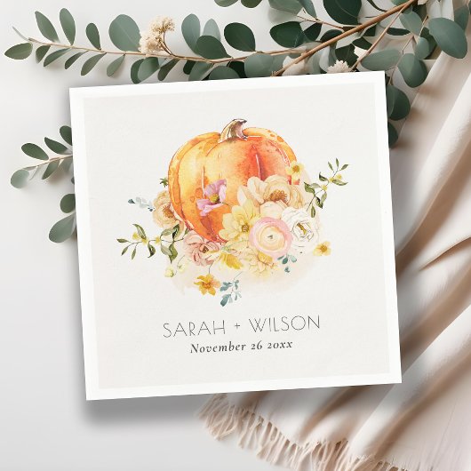 Serviette En Papier Élégant Floral Orange Automne Citrouille Mariage
