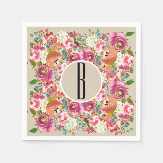 Serviette En Papier Élégant Floral Rustic Chic Kraft Monogram Mariage (Devant)