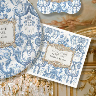 Serviette En Papier Élégant Floral Vintage Bleu et Blanc Or Mariage