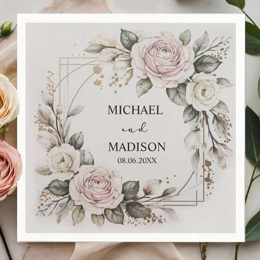Serviette En Papier Elegant Floral Wedding Custom Names & Date Gold 