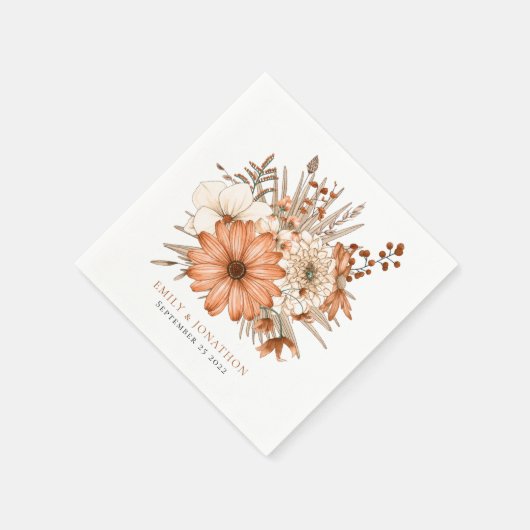 Serviette En Papier Élégant Florals d'automne Noms Date Mariage (Coin)