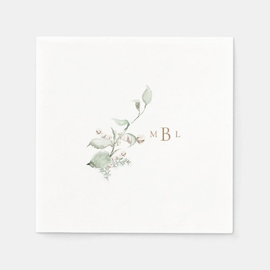 Serviette En Papier Elégant Foliage & Coton Monogram Mariage Cocktail (Devant)