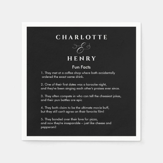 Serviette En Papier Élégant Fun Facts Mariage noir & blanc (Devant)