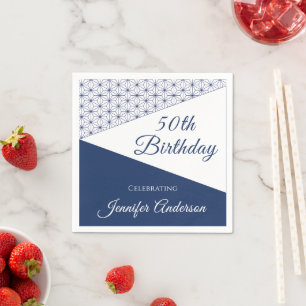 Serviette En Papier Élégant Géométrique Bleu Blanc 50 Bienvenue Jubilé