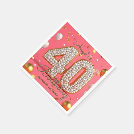 Serviette En Papier Elégant Glam Pink Gold et perles 40e anniversaire (Coin)