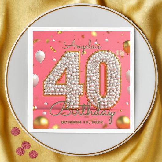 Serviette En Papier Elégant Glam Pink Gold et perles 40e anniversaire