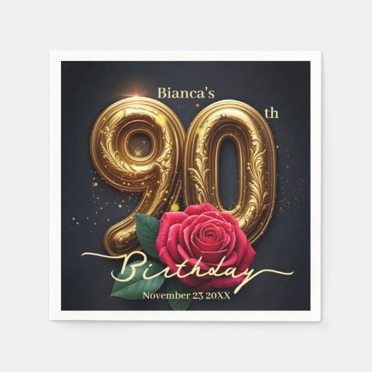 Serviette En Papier Elegant Glimmering Red Rose Gold 90th Birthday (Devant)