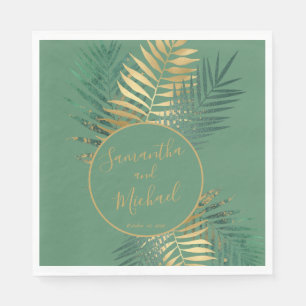 Serviette En Papier Elégant Gold Green Plante Feuille Mariage