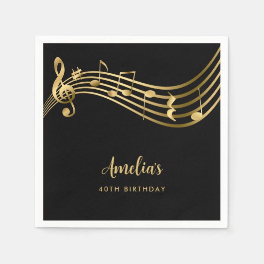 Serviette En Papier Elegant Gold Music Notes 40th Birthday Black (Devant)