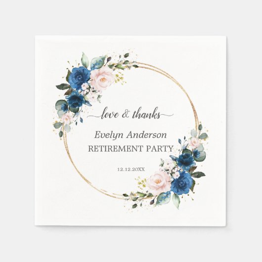 Serviette En Papier Elégant Gold Navy Blue Rose Fleurs Retraite (Devant)