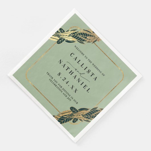 Serviette En Papier Elégant Gold Sage Vert verdure Feuille Mariage (Coin)