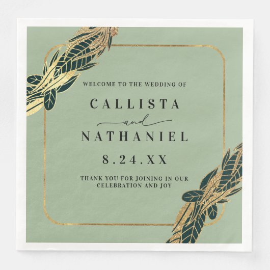 Serviette En Papier Elégant Gold Sage Vert verdure Feuille Mariage (Devant)