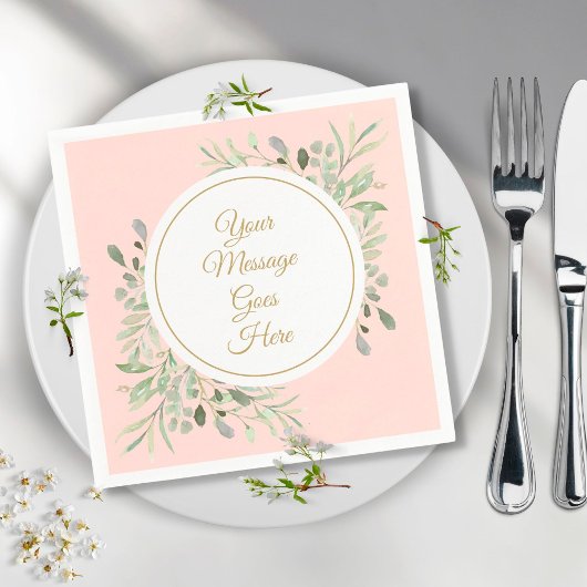 Serviette En Papier Élégant Gold Script Blush Pink Greenery