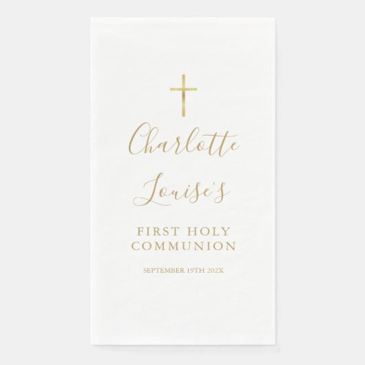 Serviette En Papier Élégant Gold Script Première Sainte Communion (Devant)