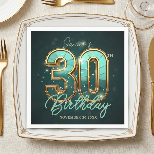 Serviette En Papier Elegant Gold Teal 3D Typography 30th Birthday