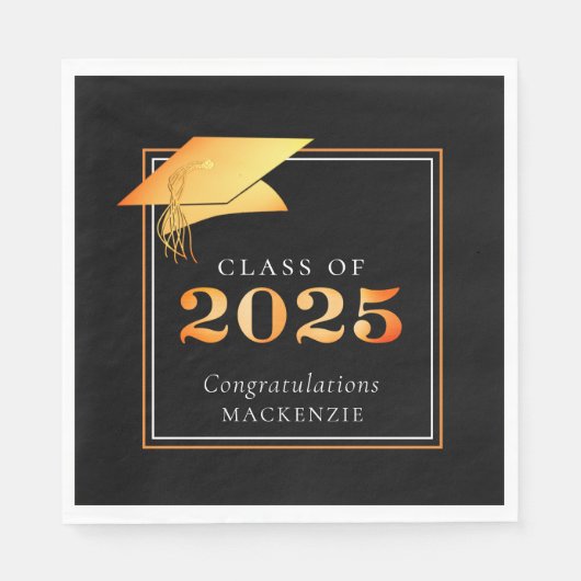 Serviette En Papier Élégant Graduation 2025 Faux Metallic Orange Noir (Devant)