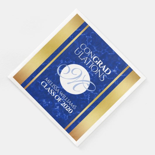 Serviette En Papier Élégant Graduation Monogramme Bleu Marbre Or Huile (Coin)