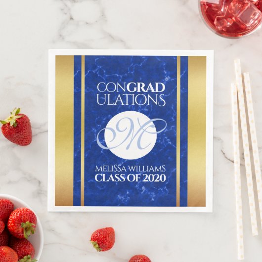 Serviette En Papier Élégant Graduation Monogramme Bleu Marbre Or Huile (En situation)